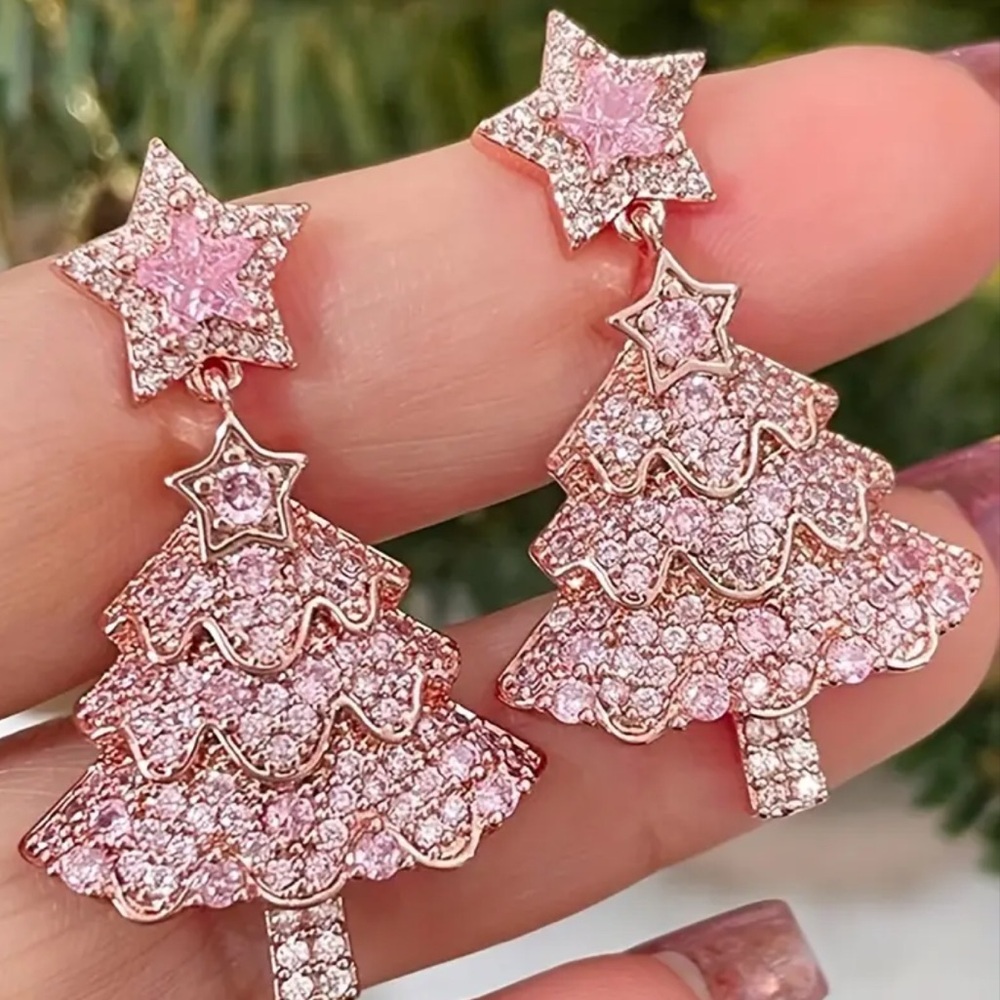 Elegant Pink Christmas Tree & Star Dangle Earrings - Sparkling Rhinestone, NEW